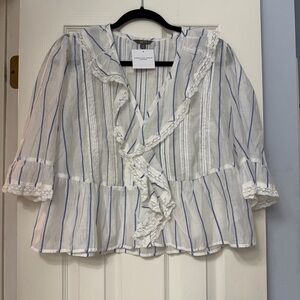 American Eagle Outfitters White and Blue Ruffled Blouse